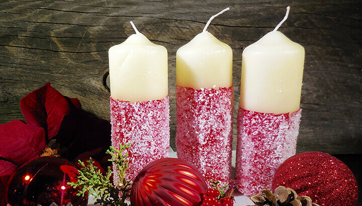 Festive Painted Christmas Candles Covered With Epsom Salts