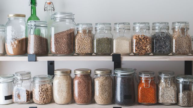 shelves with glass jars filled with groceries