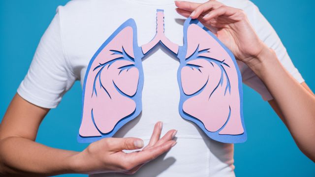 partial view of woman in white tshirt with paper crafted lungs on blue backdrop